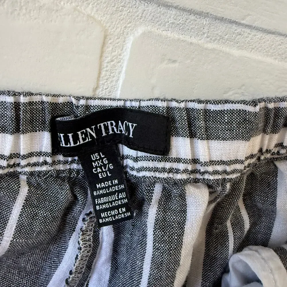 Ellen Tracy Women's Dark Grey/Black Striped Wide Leg Pockets Linen Pants sz L